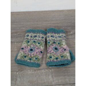 French Knot Blue Green Fingerless Gloves Wool Blend Beaded Fleece-Lined Outdoors